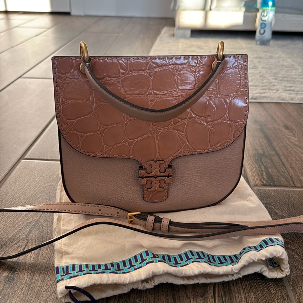 Tory Burch McGraw Croc Embossed Satchel Crossbody Bag Chai/Sand/Dessert Spice